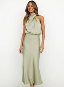 Briony | Satin Halter Maxi Dress – Draped Neck Blouson Bodice Wedding Guest Gown