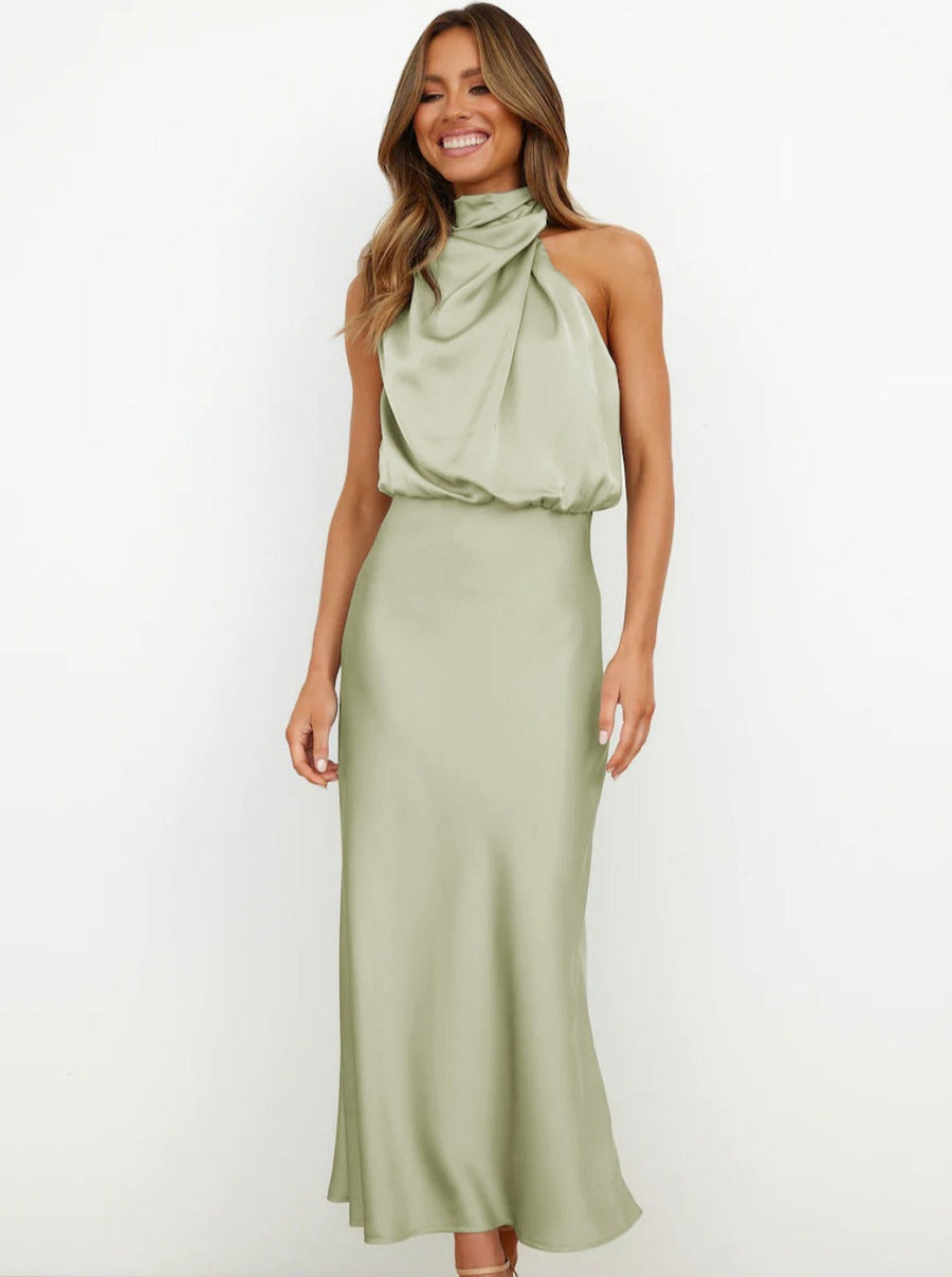 Briony | Satin Halter Maxi Dress – Draped Neck Blouson Bodice Wedding Guest Gown