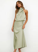 Briony | Satin Halter Maxi Dress – Draped Neck Blouson Bodice Wedding Guest Gown