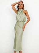 Briony | Satin Halter Maxi Dress – Draped Neck Blouson Bodice Wedding Guest Gown