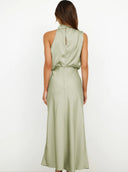 Briony | Satin Halter Maxi Dress – Draped Neck Blouson Bodice Wedding Guest Gown