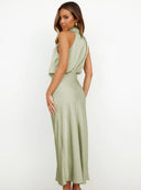 Briony | Satin Halter Maxi Dress – Draped Neck Blouson Bodice Wedding Guest Gown