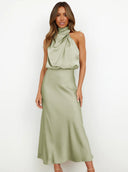 Briony | Satin Halter Maxi Dress – Draped Neck Blouson Bodice Wedding Guest Gown