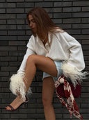 Britney | Feather Trim Knit Cardigan – Casual V Neck Button Front Long Sleeve