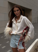 Britney | Feather Trim Knit Cardigan – Casual V Neck Button Front Long Sleeve