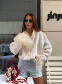 Britney | Feather Trim Knit Cardigan – Casual V Neck Button Front Long Sleeve