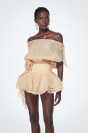 Brixton | Mini – Off Shoulder Button Front Rose Tiered Ruffle Skirt Party Dress