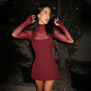 Bryana | Mesh Panel Mini Dress – Evening Mock Neck Sheer Long Sleeve Flared Hem