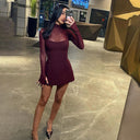 Bryana | Mesh Panel Mini Dress – Evening Mock Neck Sheer Long Sleeve Flared Hem