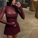 Bryana | Mesh Panel Mini Dress – Evening Mock Neck Sheer Long Sleeve Flared Hem