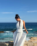 Brynlee | Halter Neck Pleated Set – Deep V Peplum Top Maxi Skirt Summer