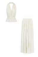 Brynlee | Halter Neck Pleated Set – Deep V Peplum Top Maxi Skirt Summer