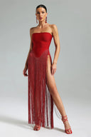 Brynn | Strapless Fringe Maxi – Bodycon Straight Neck Evening Party Dress