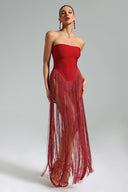 Brynn | Strapless Fringe Maxi – Bodycon Straight Neck Evening Party Dress