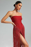 Brynn | Strapless Fringe Maxi – Bodycon Straight Neck Evening Party Dress