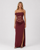 Caitlin | Floral Lace Maxi Dress – Evening Asymmetric Neck Sheer Bodice High Slit