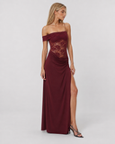 Caitlin | Floral Lace Maxi Dress – Evening Asymmetric Neck Sheer Bodice High Slit