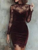 Calanthe | Lace Velvet Mini Dress – Evening High Neck Sheer Long Sleeve Lace Hem