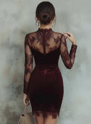Calanthe | Lace Velvet Mini Dress – Evening High Neck Sheer Long Sleeve Lace Hem