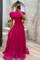 Calista | Pleated Ruffle Sleeve Maxi Dress – Twist Waist Formal Wedding Guest Gown
