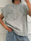 Callie | Floral Knit Short Sleeve Sweater – Crew Neck Ribbed Hem Everyday Wear
