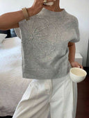Callie | Floral Knit Short Sleeve Sweater – Crew Neck Ribbed Hem Everyday Wear