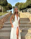 Callista | Halter Plunge Ruched Maxi Dress – High Split Open Back Formal Evening Gown