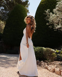 Callista | Halter Plunge Ruched Maxi Dress – High Split Open Back Formal Evening Gown