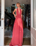 Camila | Halter Plunge Maxi Dress – Gathered Waist Open Back Formal Evening Gown
