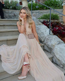 Camila | Halter Plunge Maxi Dress – Gathered Waist Open Back Formal Evening Gown