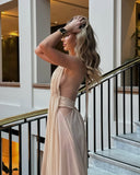 Camila | Halter Plunge Maxi Dress – Gathered Waist Open Back Formal Evening Gown