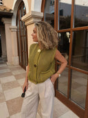 Camille | Textured Knit Button Front Vest – Crew Neck Sleeveless Patch Pockets