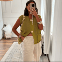 Camille | Textured Knit Button Front Vest – Crew Neck Sleeveless Patch Pockets