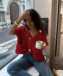 Camille | Textured Knit Button Front Vest – Crew Neck Sleeveless Patch Pockets