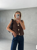 Camille | Textured Knit Button Front Vest – Crew Neck Sleeveless Patch Pockets