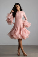 Campbell | Long Sleeve Mini Dress – Ruffle Cuffs Button Front Flared Hem