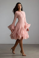 Campbell | Long Sleeve Mini Dress – Ruffle Cuffs Button Front Flared Hem