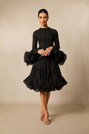 Campbell | Long Sleeve Mini Dress – Ruffle Cuffs Button Front Flared Hem