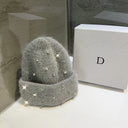 Candace | Rhinestone Knit Beanie – Winter Ribbed Foldover Cuff Crystal Studs