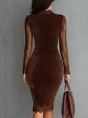 Carina | Lace Velvet Midi Dress – Evening High Neck Long Sleeve Cutout Front