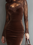 Carina | Lace Velvet Midi Dress – Evening High Neck Long Sleeve Cutout Front