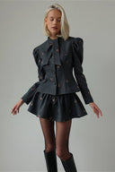 Carissa | Bow Print Two Piece Set – High Neck Long Sleeve Flared Mini Skirt