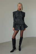 Carissa | Bow Print Two Piece Set – High Neck Long Sleeve Flared Mini Skirt