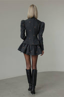 Carissa | Bow Print Two Piece Set – High Neck Long Sleeve Flared Mini Skirt