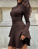 Carlotta | Ribbed Knit Mini Dress – Casual Mock Neck Long Bell Sleeve Flared Hem