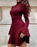 Carlotta | Ribbed Knit Mini Dress – Casual Mock Neck Long Bell Sleeve Flared Hem