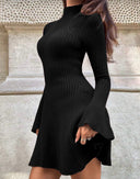 Carlotta | Ribbed Knit Mini Dress – Casual Mock Neck Long Bell Sleeve Flared Hem