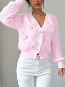 Carys | Bow Detail Cable Knit Cardigan – Casual V Neck Long Sleeve Flared Cuff