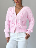 Carys | Bow Detail Cable Knit Cardigan – Casual V Neck Long Sleeve Flared Cuff