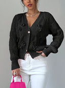 Carys | Bow Detail Cable Knit Cardigan – Casual V Neck Long Sleeve Flared Cuff